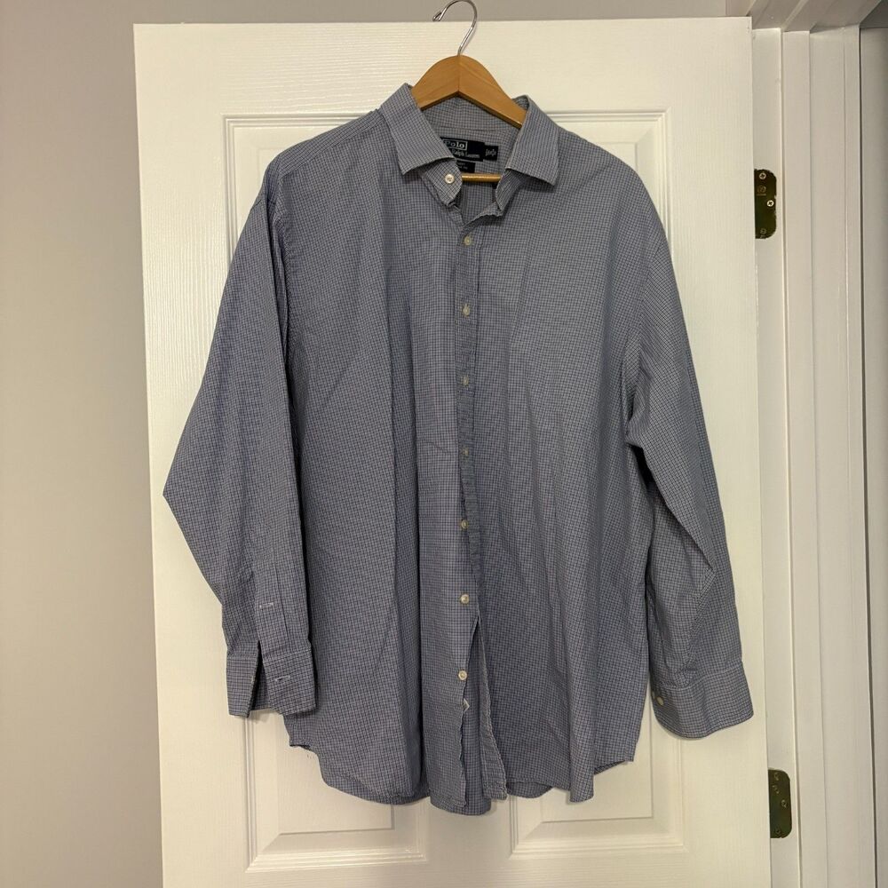 Polo Ralph Lauren Shirt Mens 19 34/35 Big Blue Black Check Regent Classic Fit